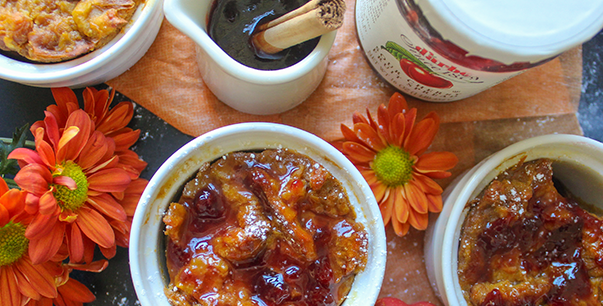 Pumpkin Croissant Pudding with Sour Cherry Chai Sauce