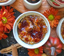 Pumpkin Croissant Pudding with Sour Cherry Chai Sauce